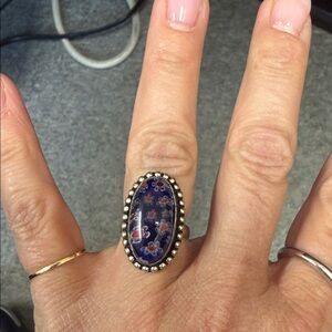 Blue Floral Oval sterling silver  Statement Ring with Beaded Border